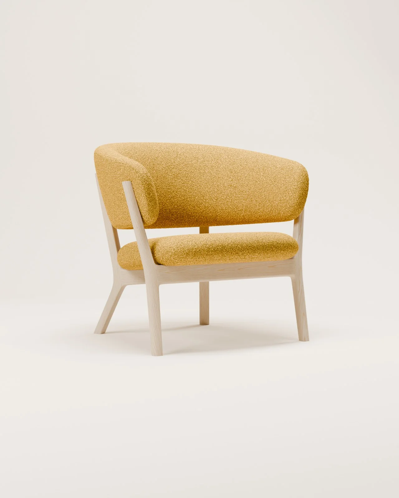 Poltroncina in bouclé senape con struttura in frassino su fondo latte: render di prodotto per il catalogo Holm & Nesti