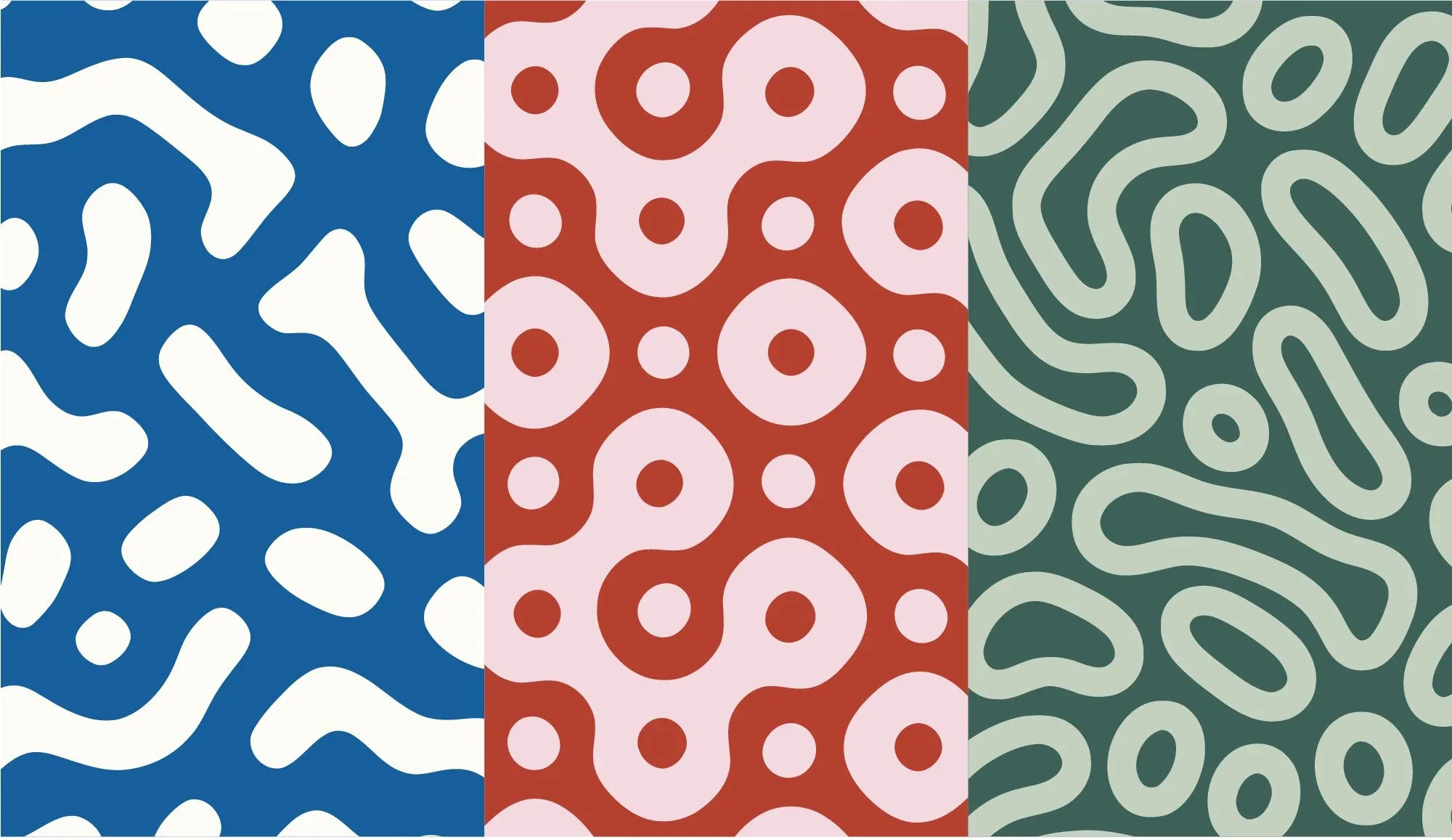 Tre pattern organici dell'identità Hotel Atlantico affiancati, in blu e bianco, rosso e rosa, verde e crema: elementi grafici della visual identity
