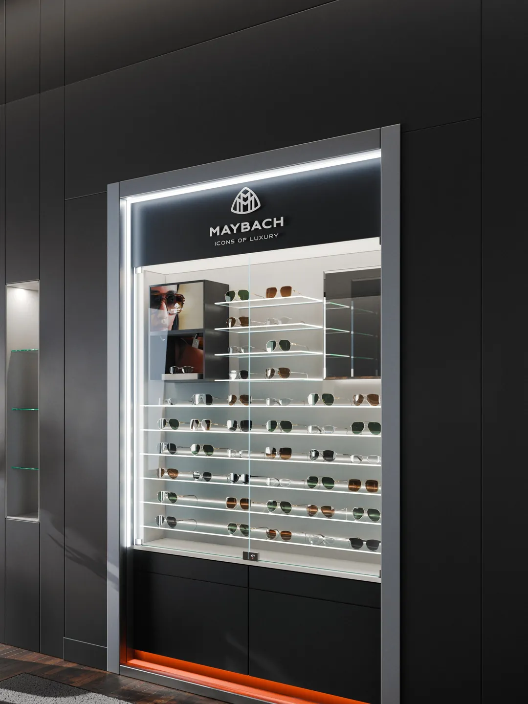 Il large, 150 cm e 45 occhiali, il formato più grande della famiglia di espositori Maybach Eyewear: render 3D