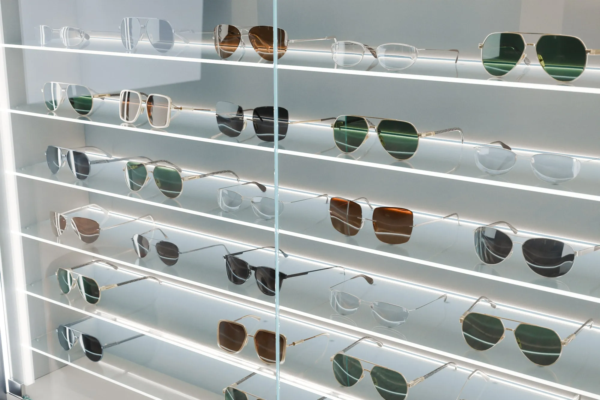 Occhiali da sole sulle mensole in vetro retroilluminate: il bordo davanti di ogni mensola si accende. Render 3D di un display per ottica Maybach