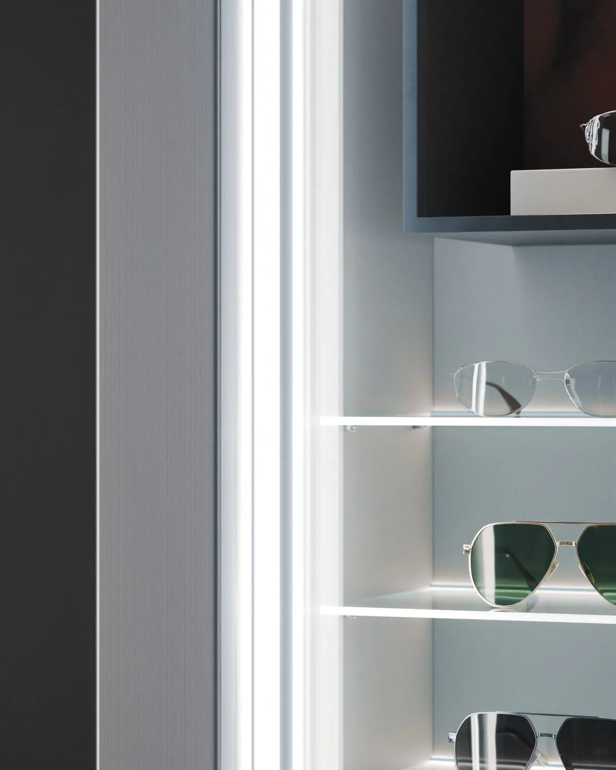 Primo piano di un montante in alluminio satinato con la striscia LED: dettaglio dell'arredo Maybach Eyewear, render 3D