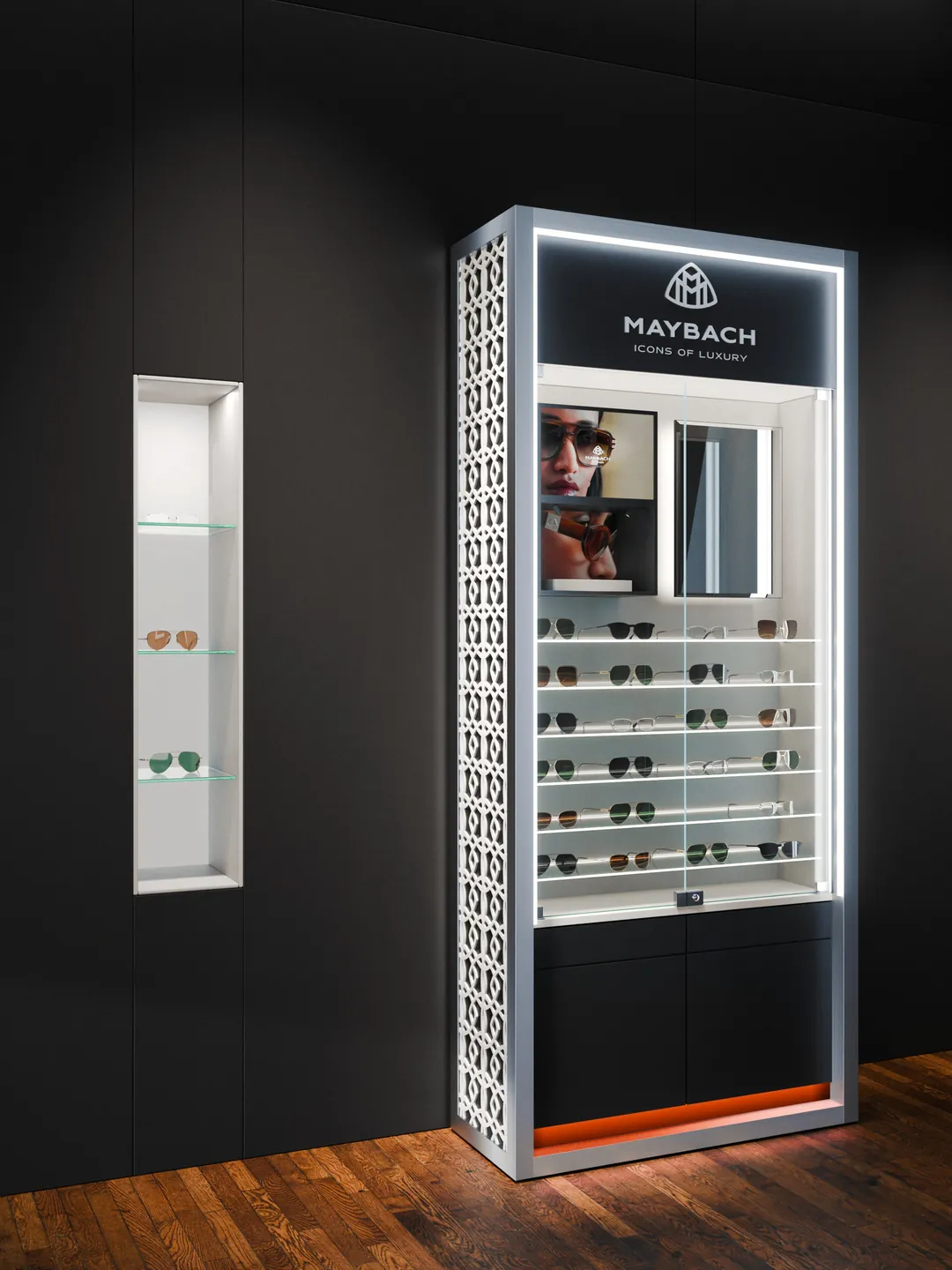 Il formato small degli espositori Maybach Eyewear, largo 105 cm, per 25 occhiali, visto di tre quarti: render 3D