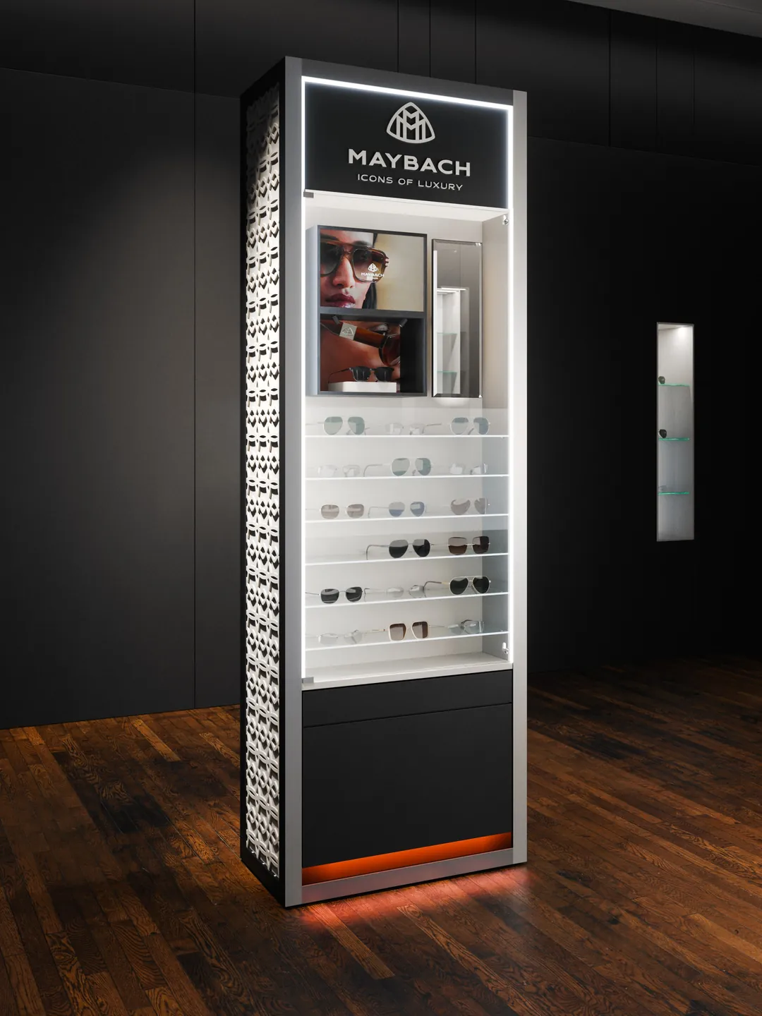 Tower per occhiali Maybach Eyewear, larga 80 cm, alta 240 e a due facce, in una boutique: render 3D