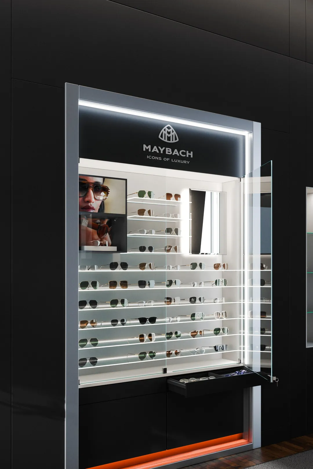 L'anta in vetro del large aperta, con la chiave nella serratura: render 3D dell'espositore Maybach Eyewear