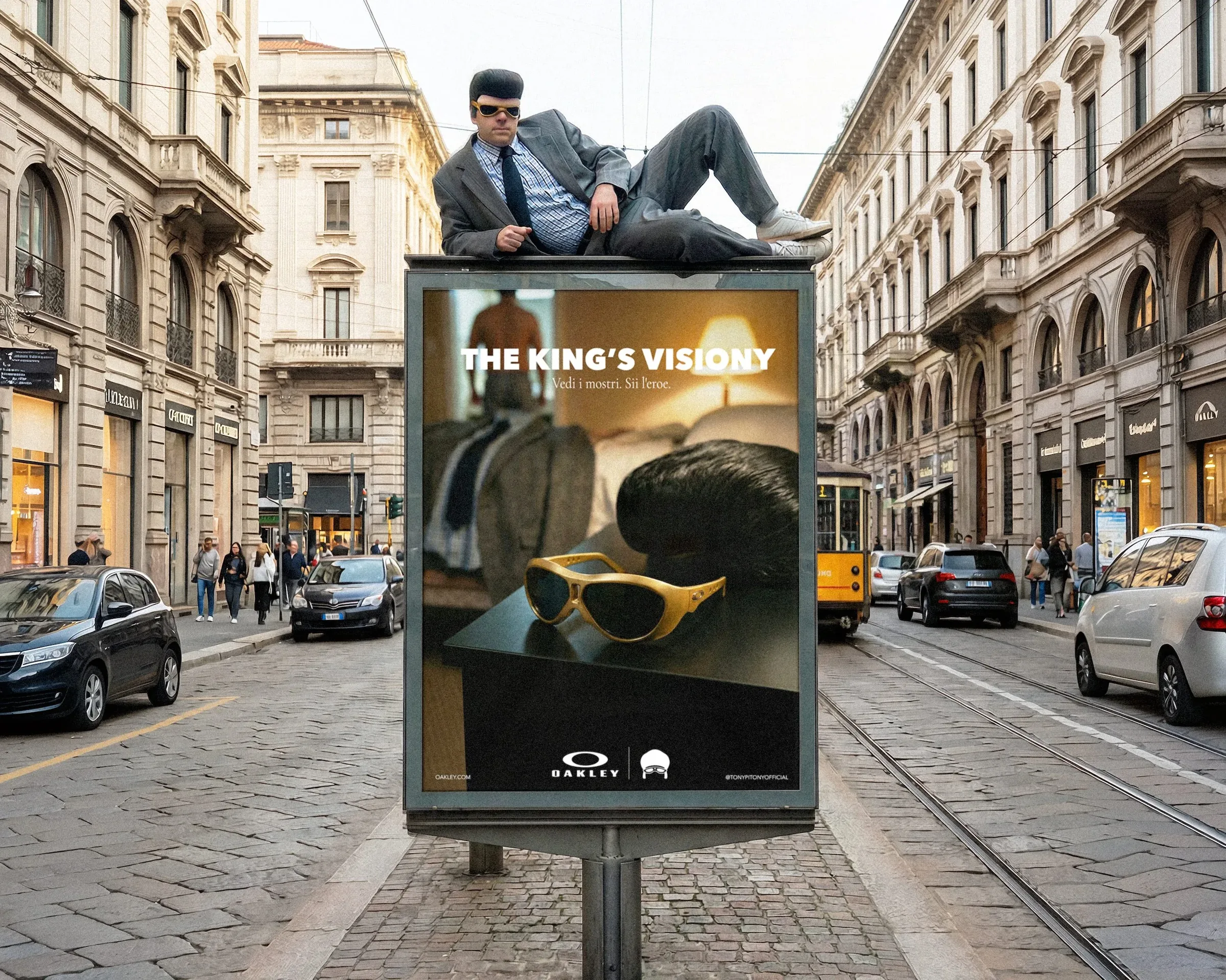 Impianto pubblicitario The King's Visiony in una via di Milano coi binari del tram, con Tony Pitony sdraiato in cima: mockup della campagna