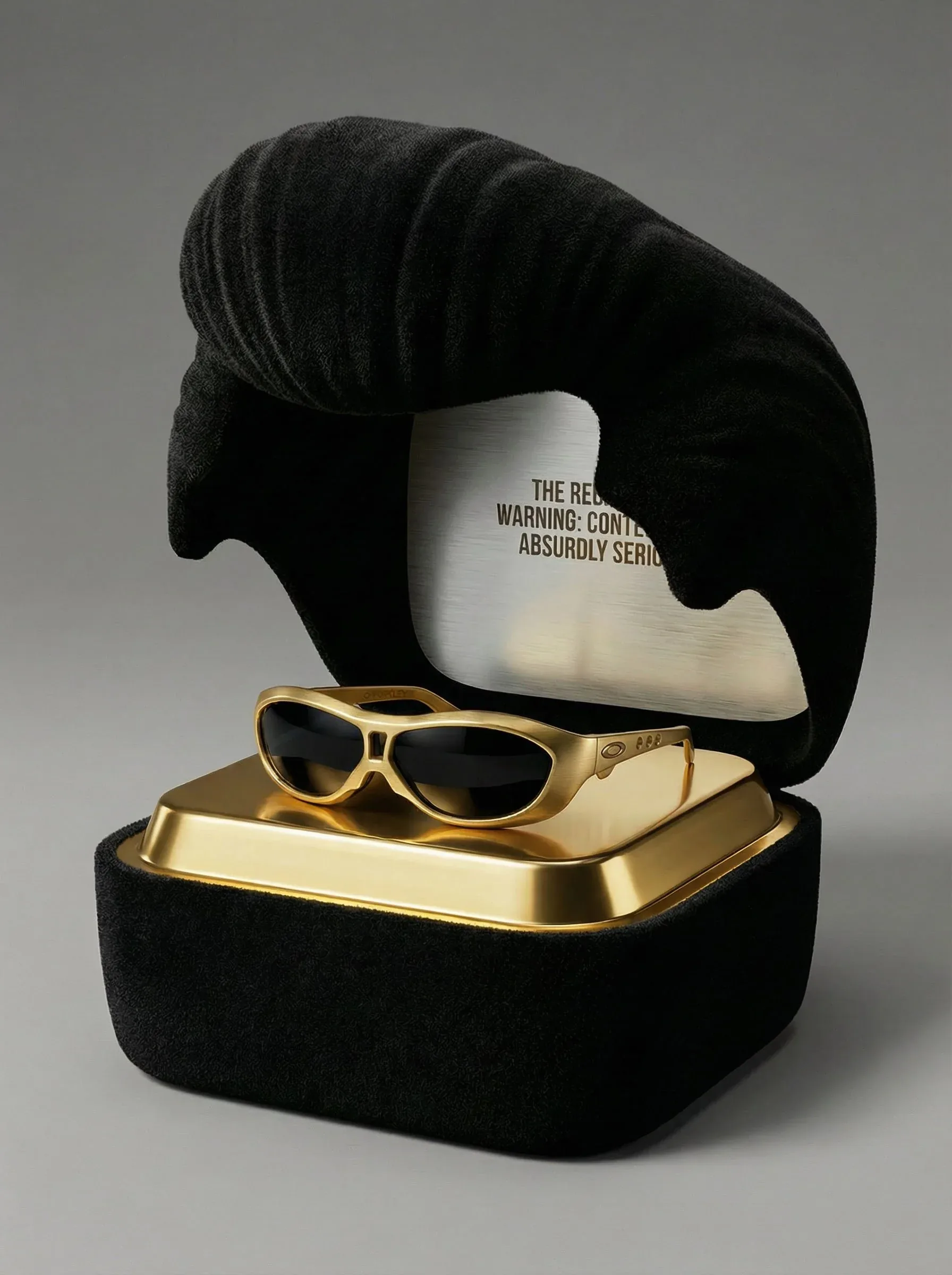 Packaging scultoreo a forma di ciuffo in velluto nero con base dorata, aperto sugli occhiali oro e la scritta Warning interna: progetto packaging