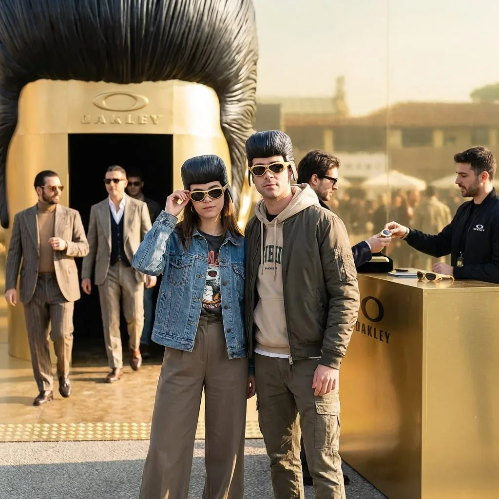 Pop-up a forma di ciuffo gigante con base dorata e logo Oakley in Piazza Duomo, con persone che indossano maschere e occhiali: concept di attivazione