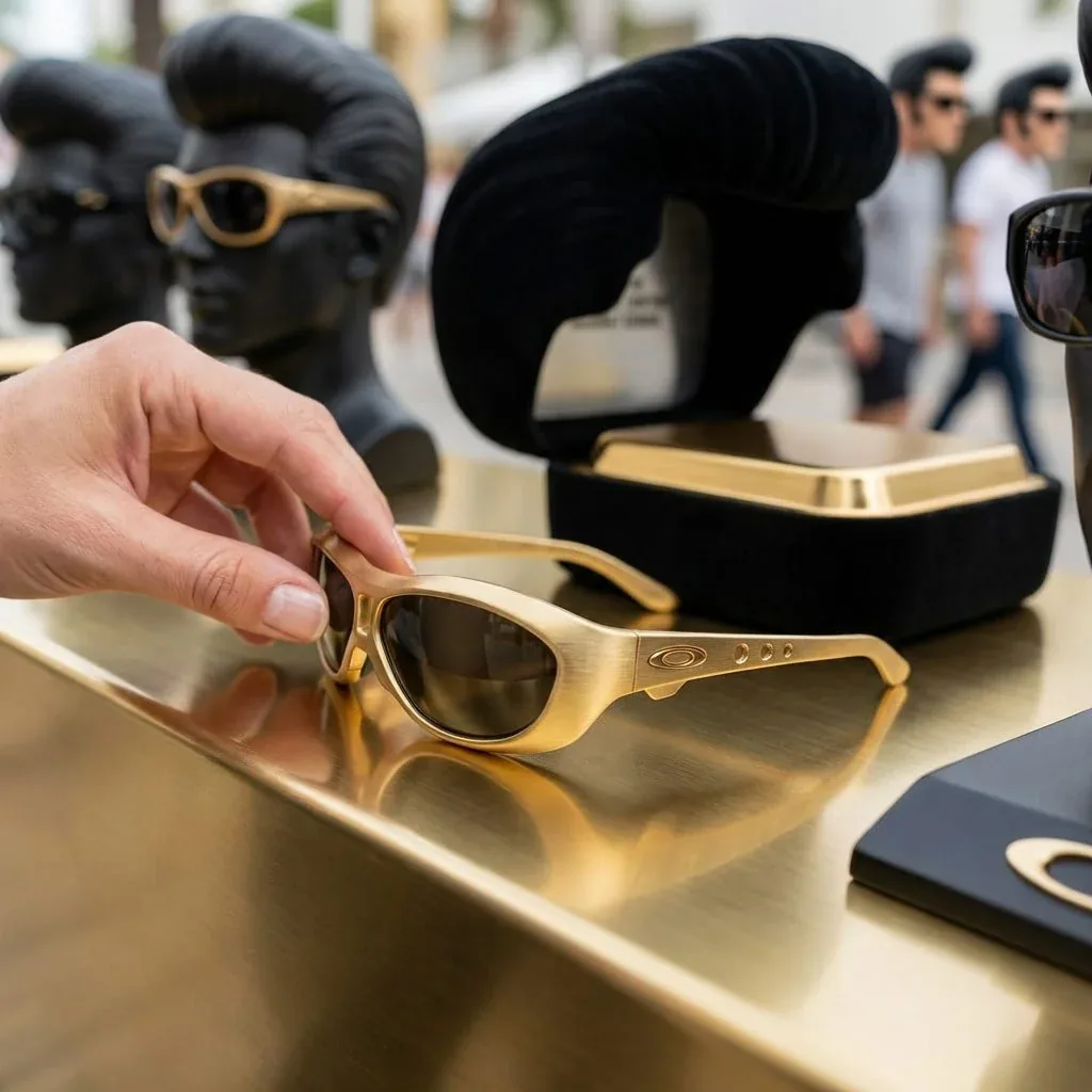 Una mano prende gli occhiali oro dal counter dorato del pop-up, col packaging a ciuffo e le maschere sullo sfondo: concept di attivazione