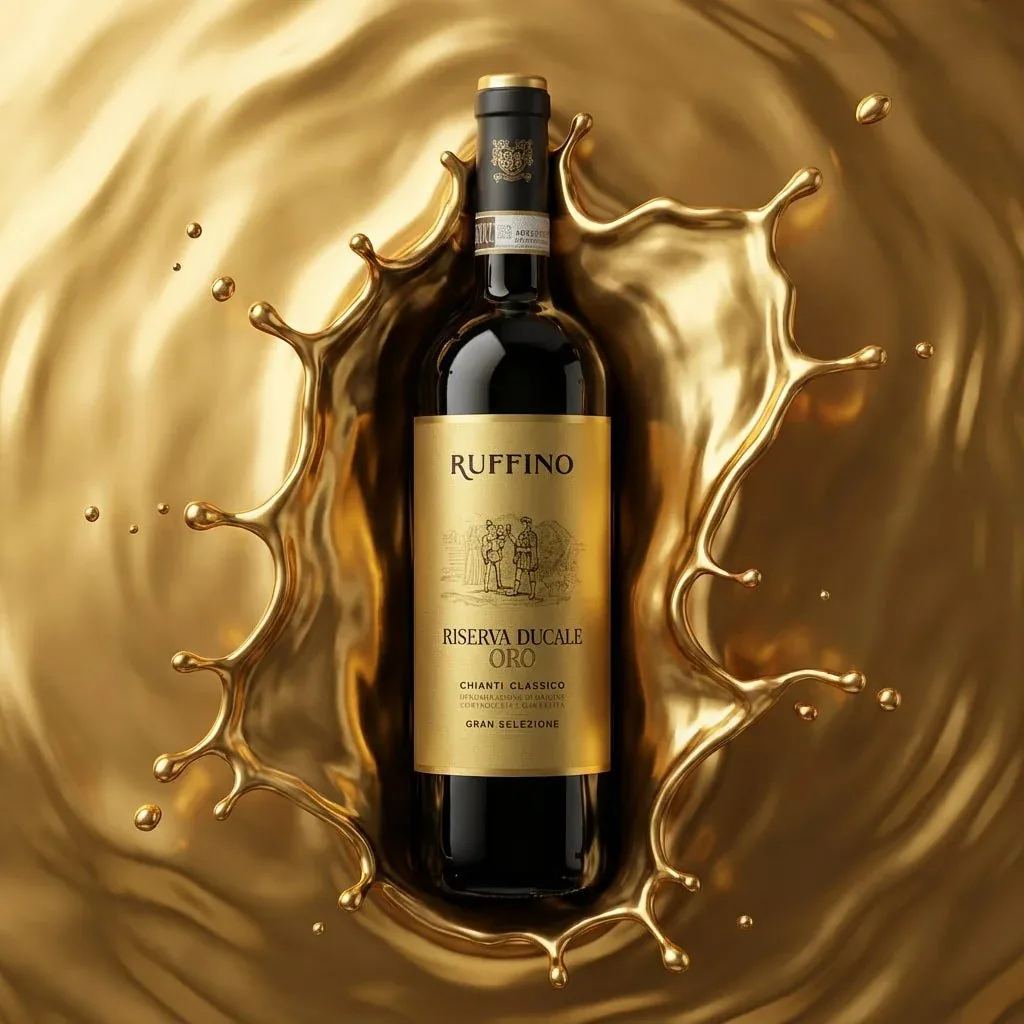 Bottiglia di Riserva Ducale Oro vista dall'alto al centro di una corona di oro liquido: visual di copertina per il progetto ORObyRUFFINO