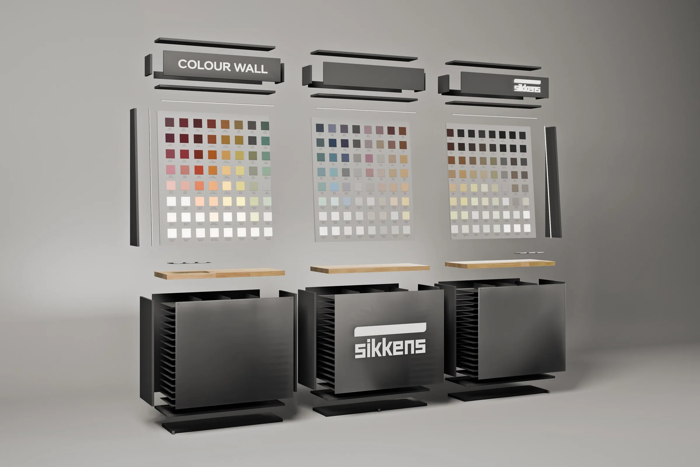 Esploso della Colour Wall Sikkens: i tre moduli da un metro aperti nei loro pezzi, dalla base coi ripiani al crowner. Render 3D