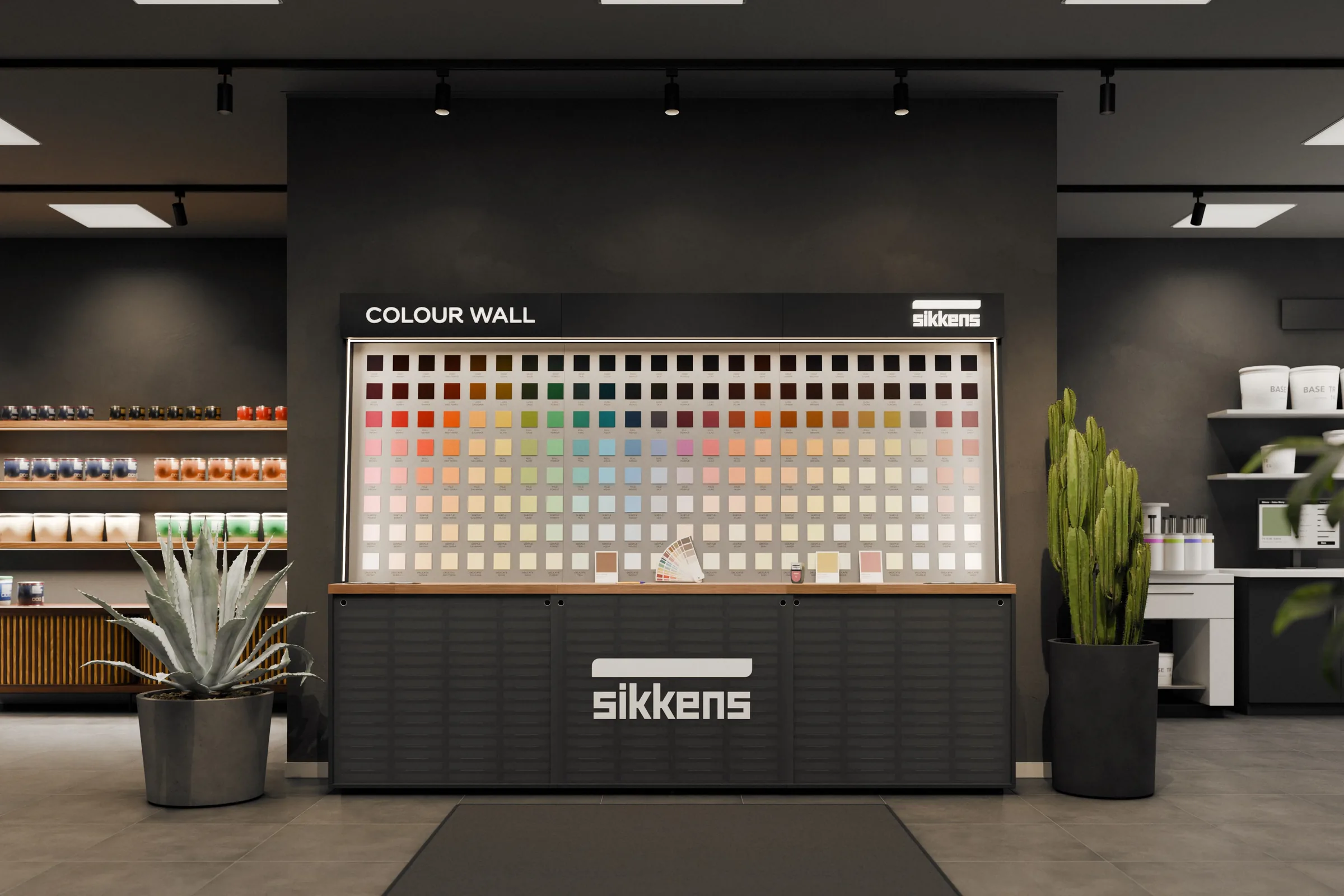 Vista frontale dell'espositore Sikkens Colour Wall, largo tre metri: i campioni colore in 24 colonne e 8 righe, sotto il crowner con la scritta luminosa. Render 3D