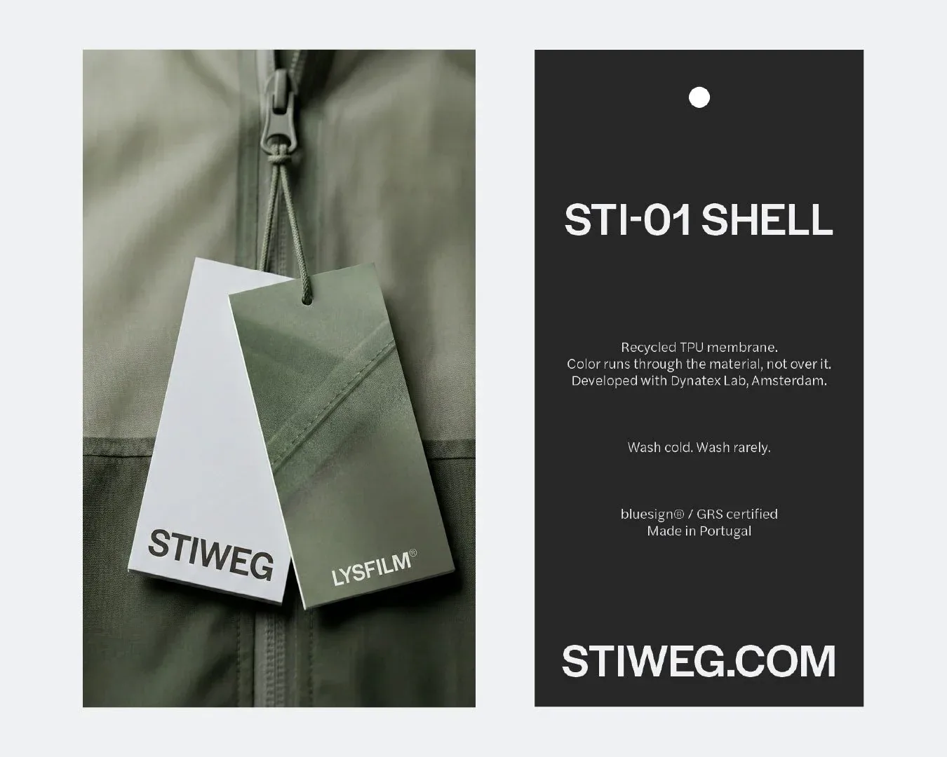 Hang tag della giacca STI-01 Shell: fronte con i marchi STIWEG e LYSFILM, retro nero con le specifiche tecniche, packaging del brand