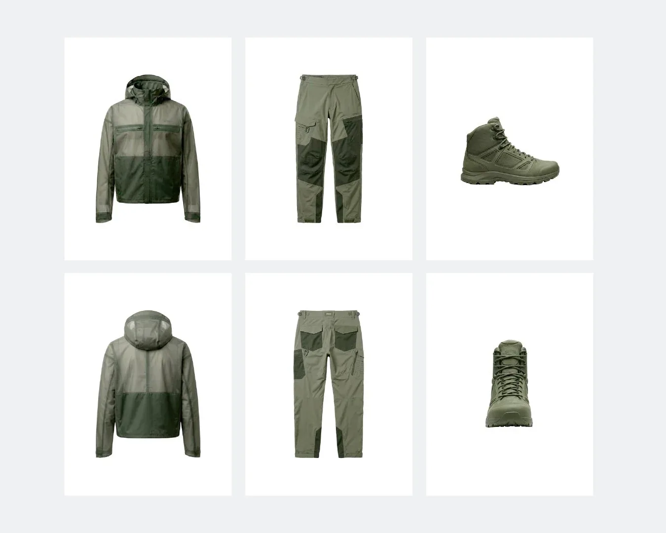 Panoramica della collezione STI-01 su fondo bianco, fronte e retro: giacca STI-01 Shell, pantalone STI-02 Pant e scarpa trail TR01