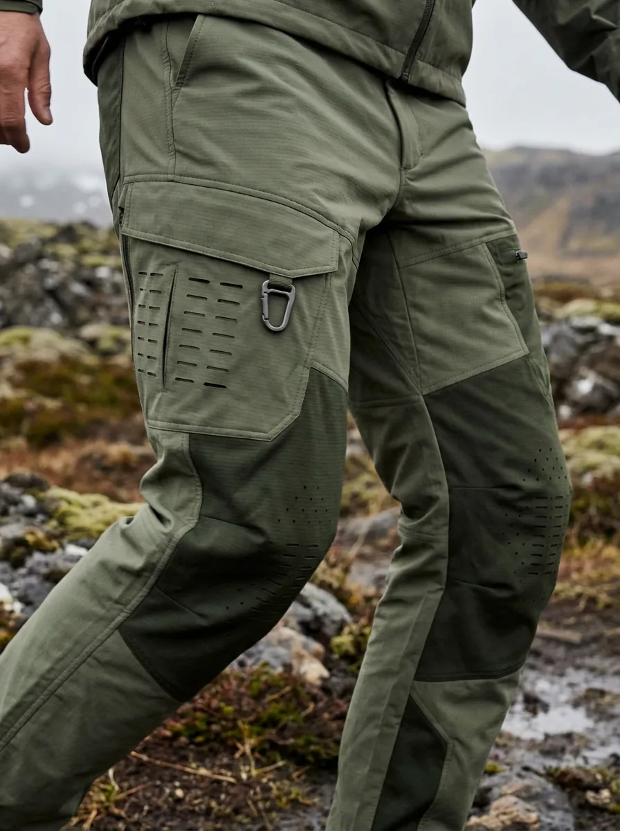 Dettaglio del pantalone STI-02 Pant in movimento sulla tundra, con la tasca laterale e il fango: shooting di campagna STIWEG