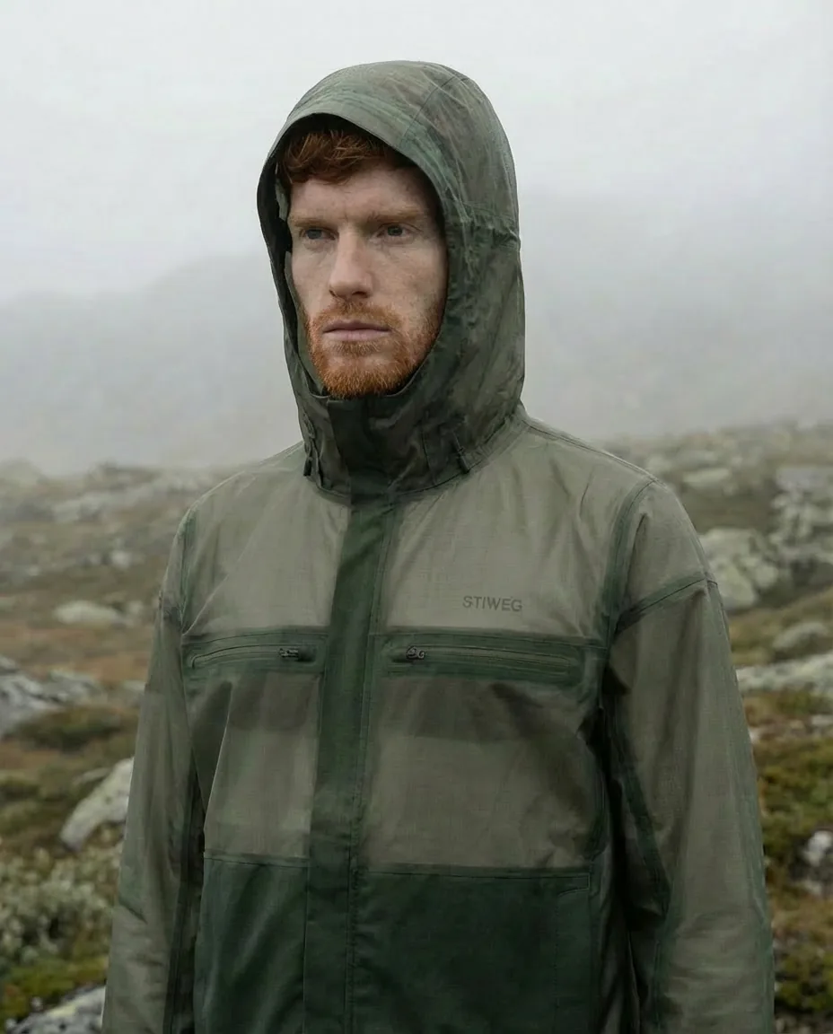 Ritratto frontale del modello con il cappuccio della STI-01 Shell alzato, nella nebbia della tundra: direzione artistica dello shooting STIWEG