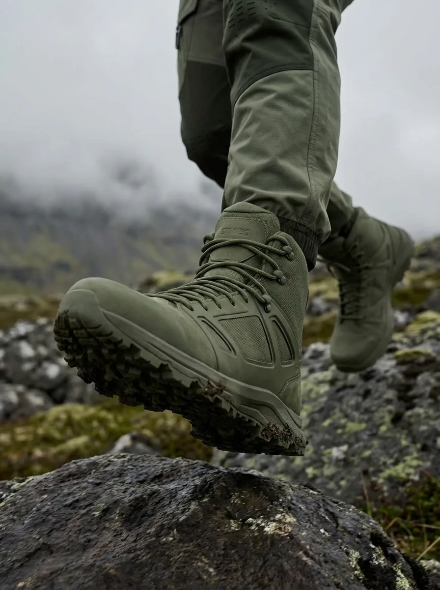 Primo piano della scarpa trail TR01 verde oliva che poggia su una roccia con i licheni: shooting di campagna STIWEG sulla tundra