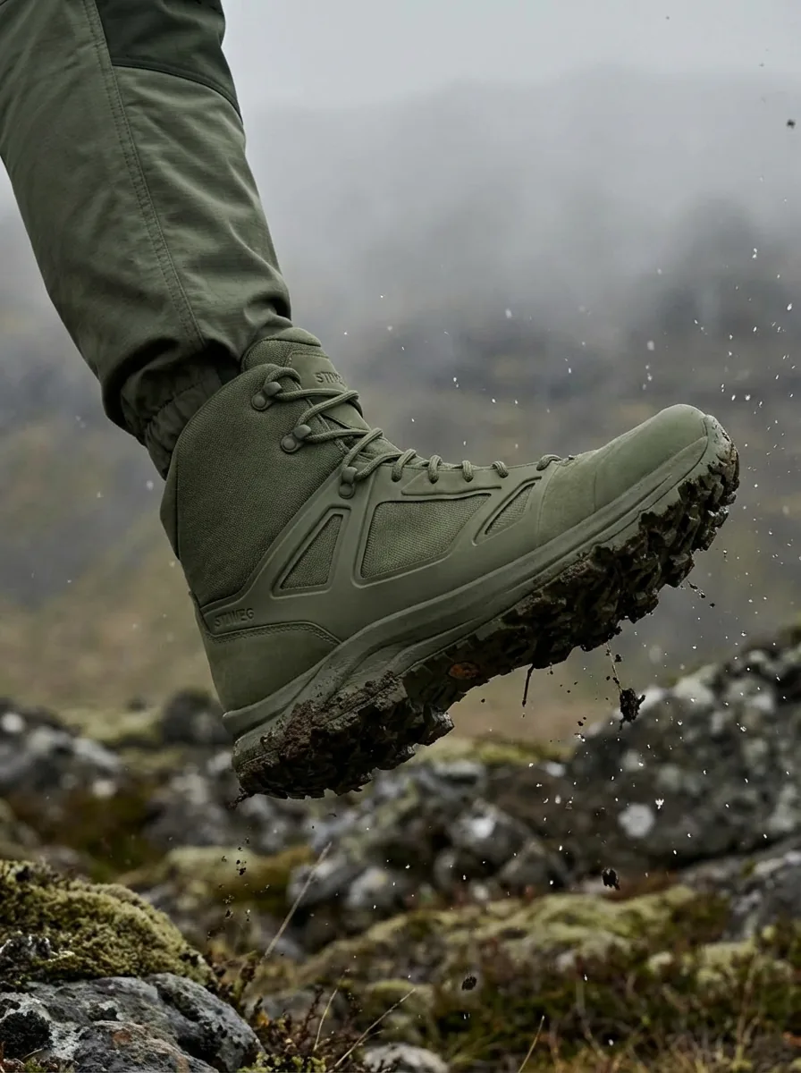 Primo piano della scarpa TR01 in movimento che solleva terra e detriti sulla tundra: shooting di campagna del brand outdoor STIWEG