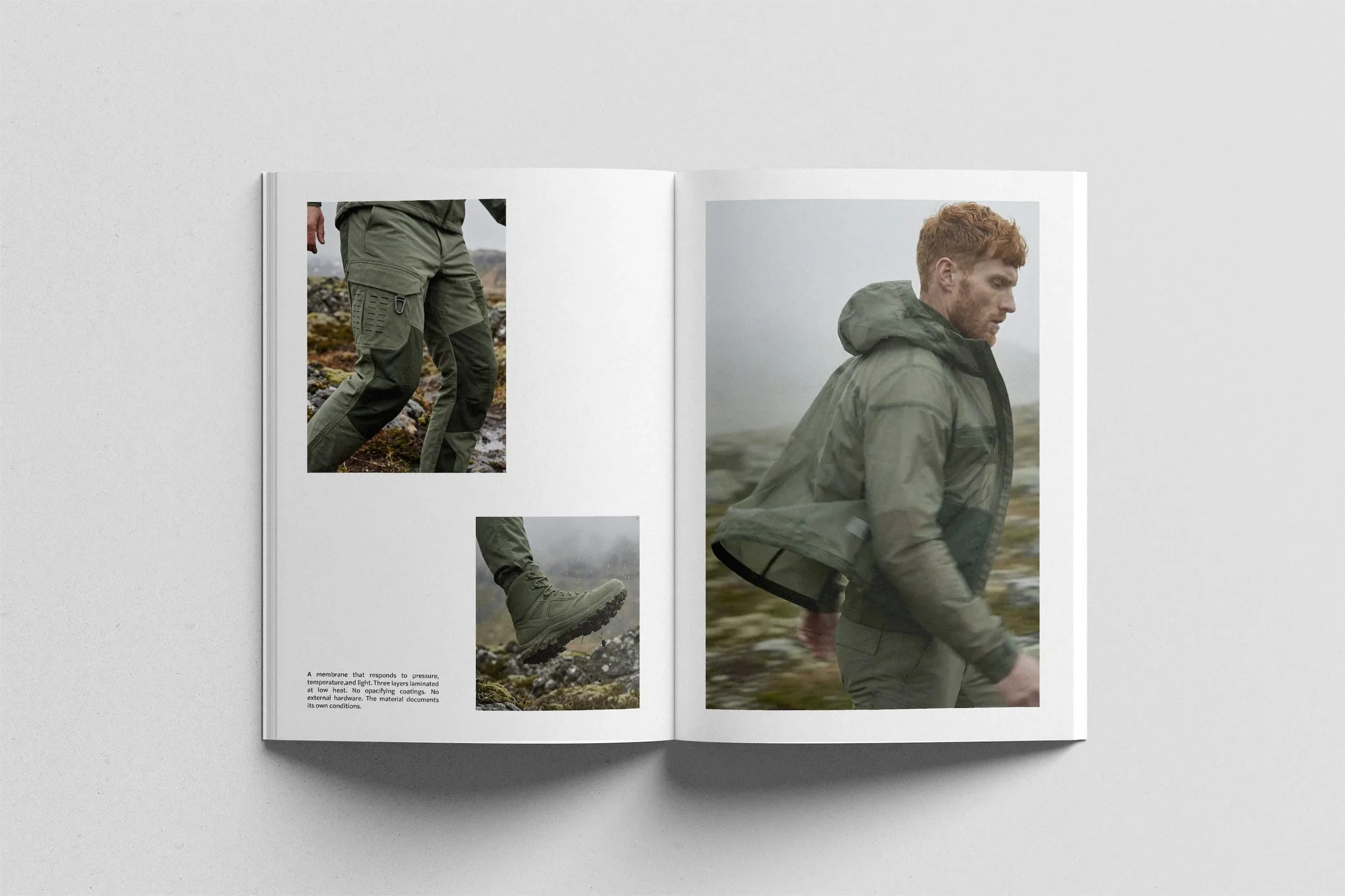 Magazine STIKART aperto su una doppia pagina con i dettagli di pantalone e scarpa e un ritratto sulla tundra: impaginato editoriale