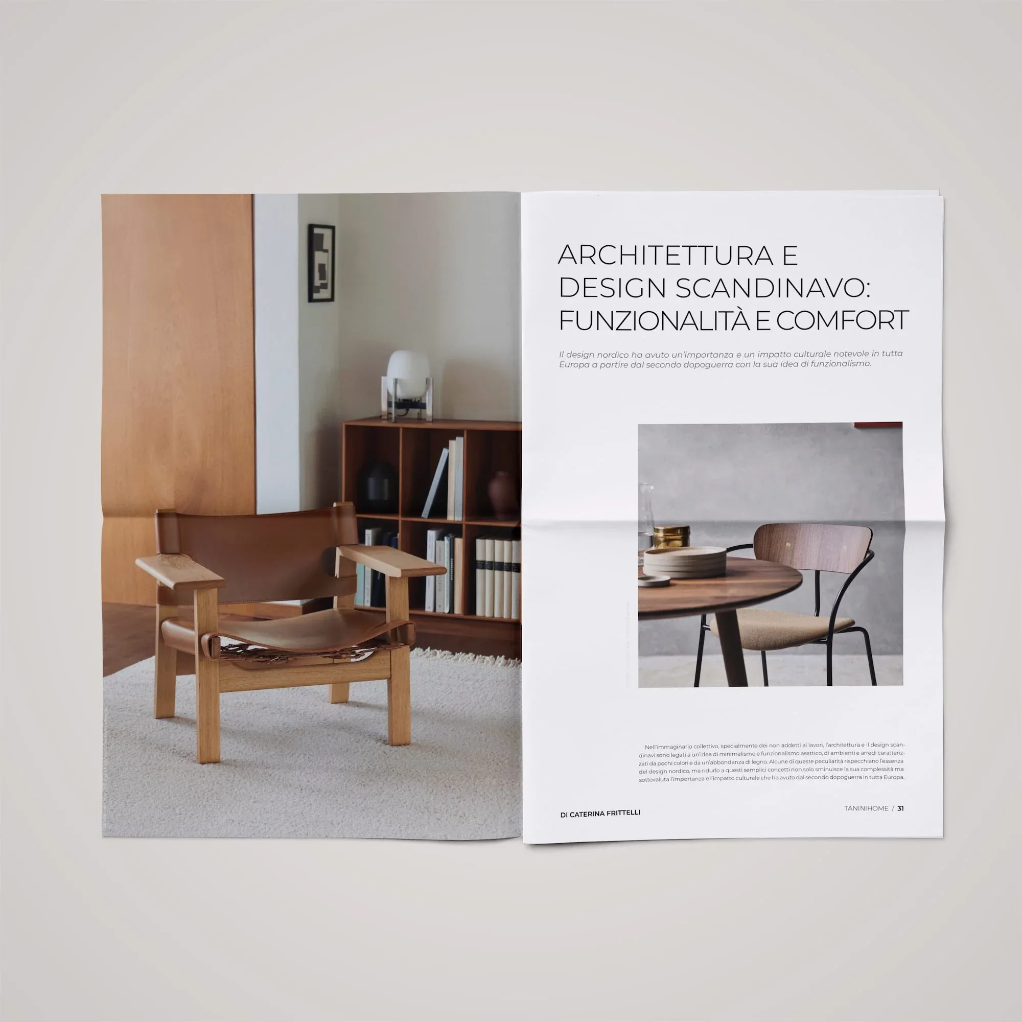 Doppia pagina Architettura e design scandinavo: funzionalità e comfort, con un soggiorno e una sedia in cuoio: impaginato di T Magazine