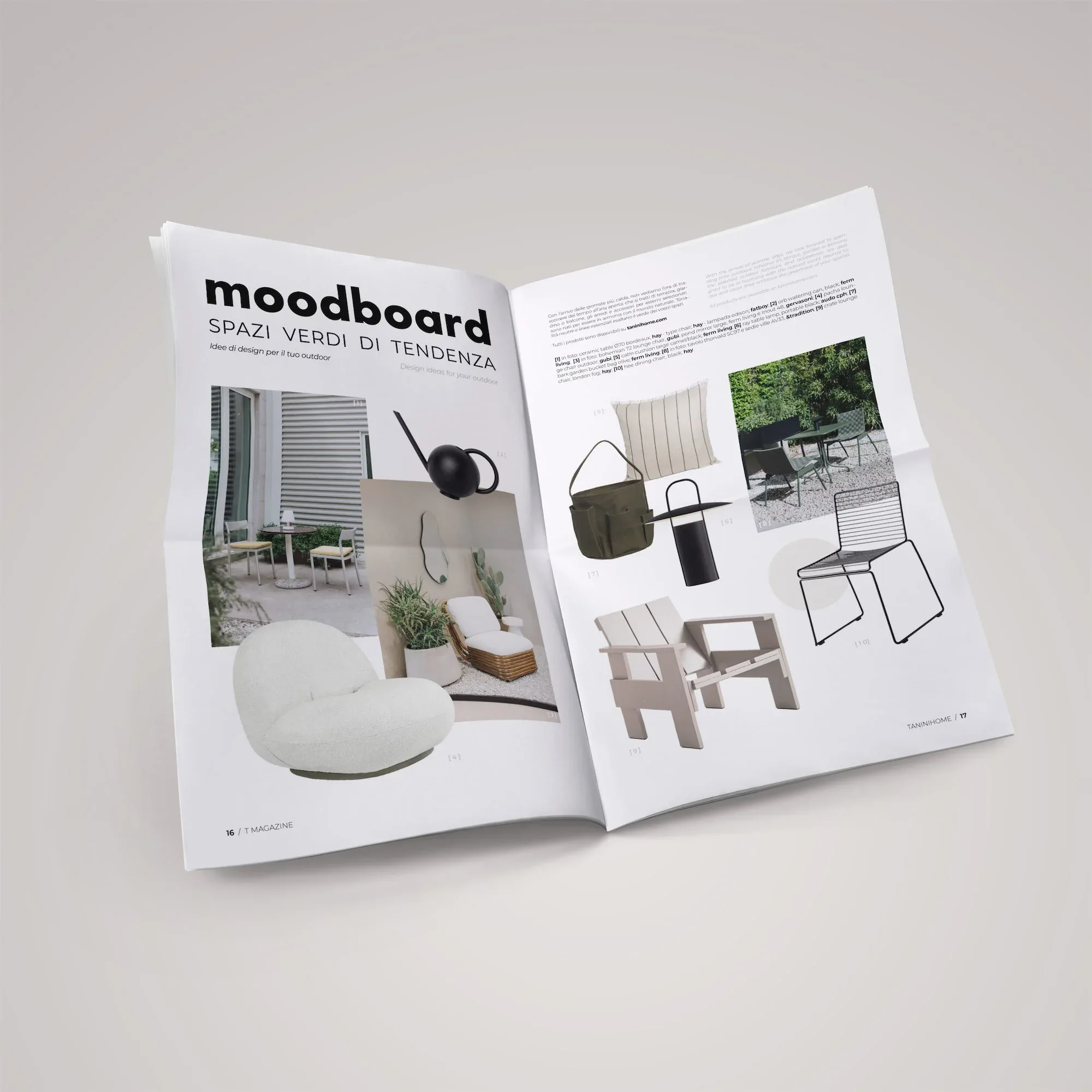 Doppia pagina moodboard Spazi verdi di tendenza con poltrone, sedie e oggetti da esterno scontornati su bianco: impaginato di T Magazine