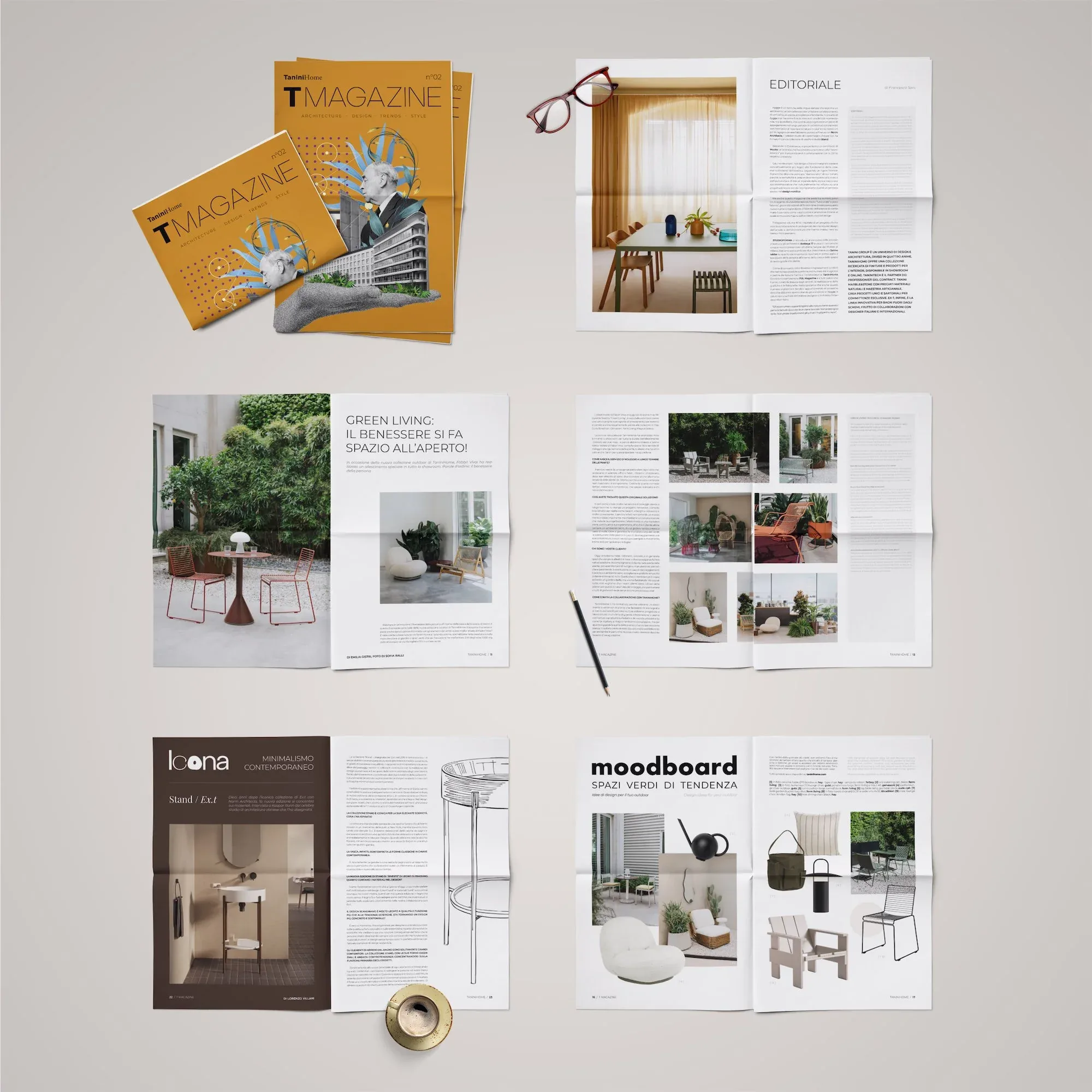 Copertine arancioni e doppie pagine di T Magazine disposte dall'alto su fondo chiaro, tra editoriale, Icona e moodboard: design editoriale
