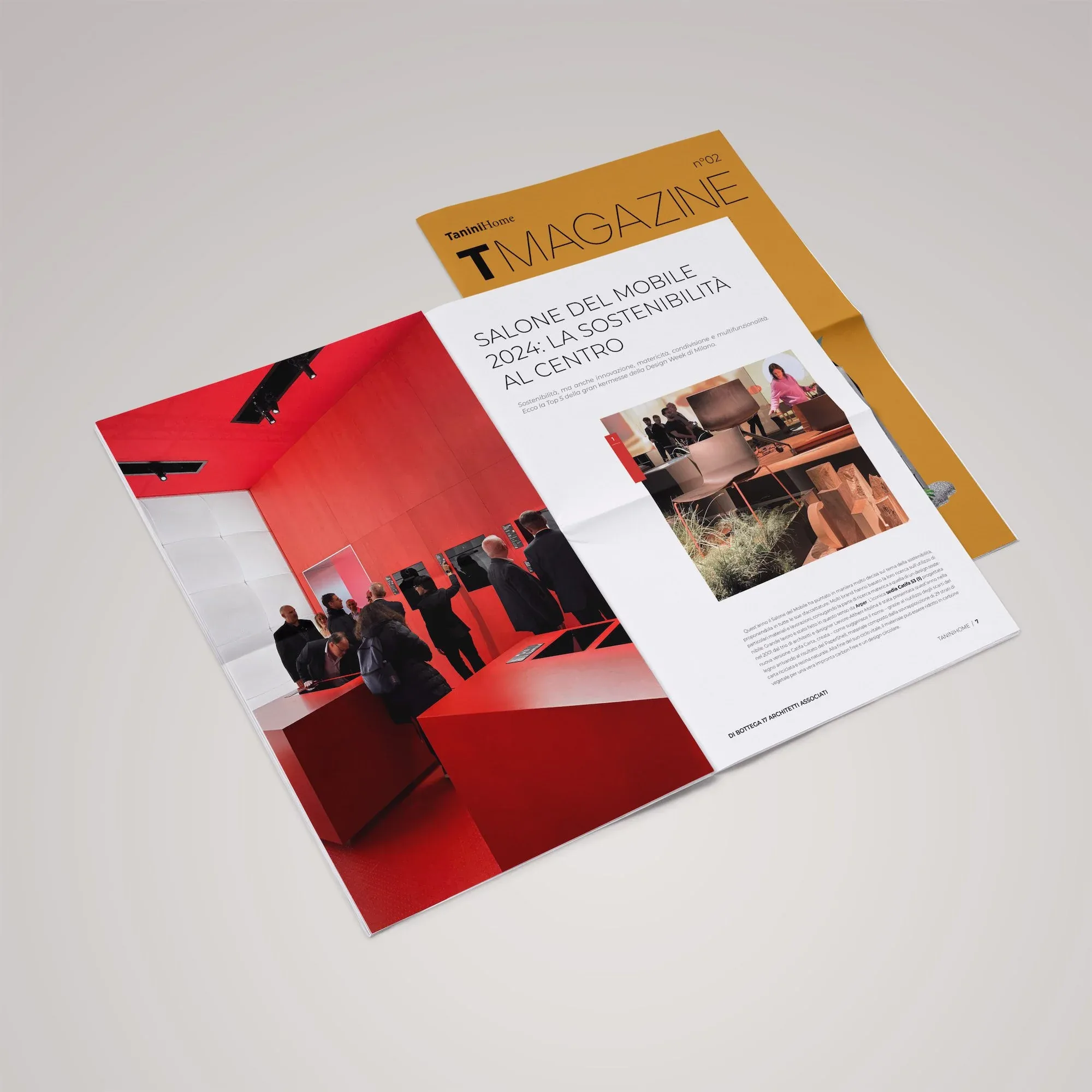 Copertina arancione di T Magazine e doppia pagina Salone del Mobile 2024, la sostenibilità al centro, con uno stand rosso: impaginato